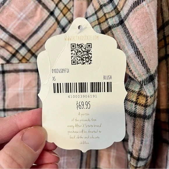 NWT Altar'd State Pink and Tan Plaid Cropped Flannel XS Graphic Detail on Back - Picture 6 of 11